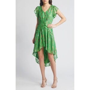 CIEBON Dress Palmina Metallic Leaf Print High-Low Women's Size Small‎ Green NWT